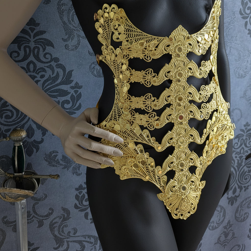 Body Corset Armure Déesse Baroque – Bustier Métal Doré Pièce Unique | Tokyo Stories