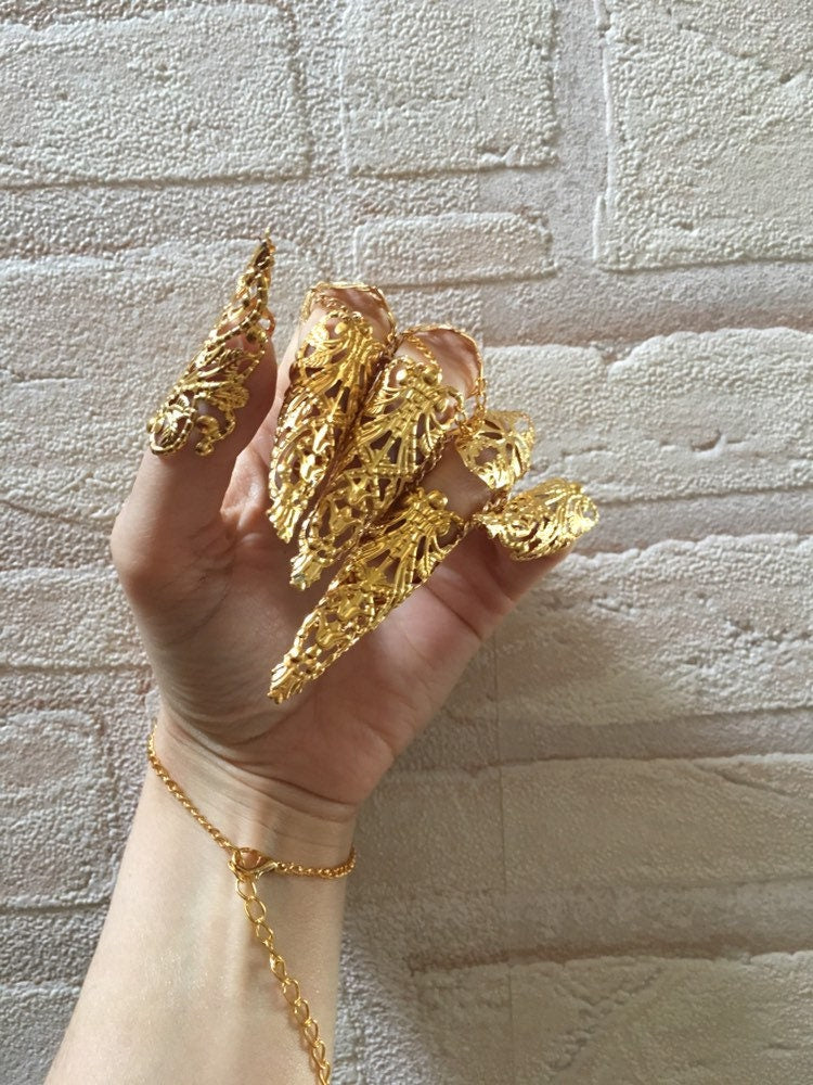 Parure Gant d'Or – 10 Griffes Articulées & 2 Bijoux de Mains Métal Doré | Tokyo Stories