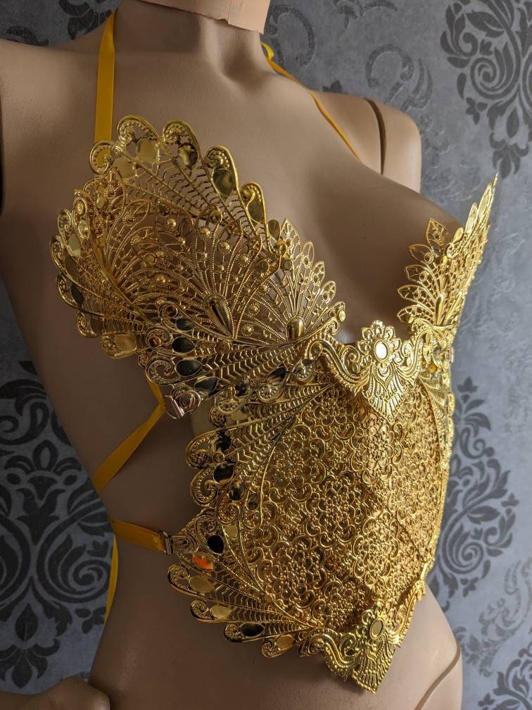 Corset Bustier Armure Guerrière d'Or – Dentelle Métal Doré Reine Elfe | Tokyo Stories