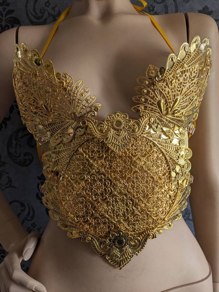 Corset Bustier Armure Guerrière d'Or – Dentelle Métal Doré Reine Elfe | Tokyo Stories