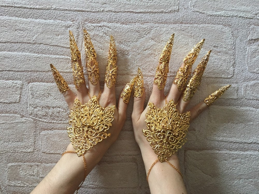 Parure Gant d'Or – 10 Griffes Articulées & 2 Bijoux de Mains Métal Doré | Tokyo Stories