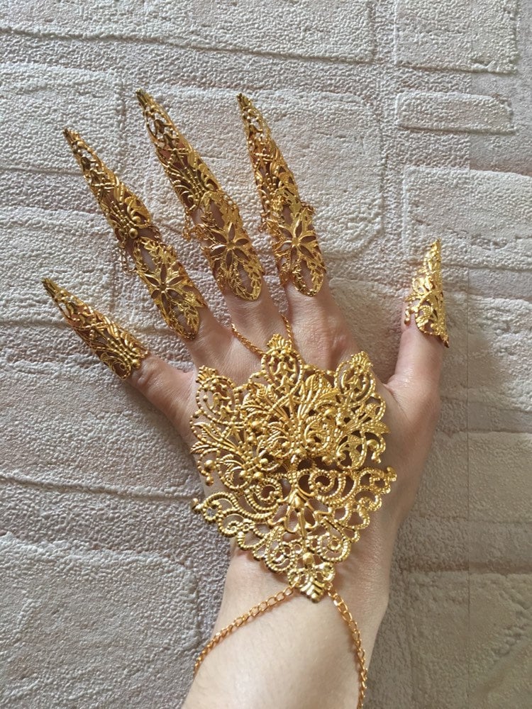 Parure Gant d'Or – 10 Griffes Articulées & 2 Bijoux de Mains Métal Doré | Tokyo Stories