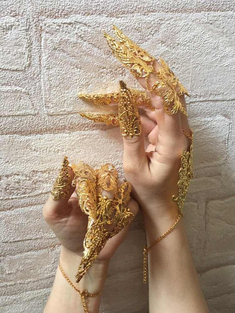 Parure Gant d'Or – 10 Griffes Articulées & 2 Bijoux de Mains Métal Doré | Tokyo Stories