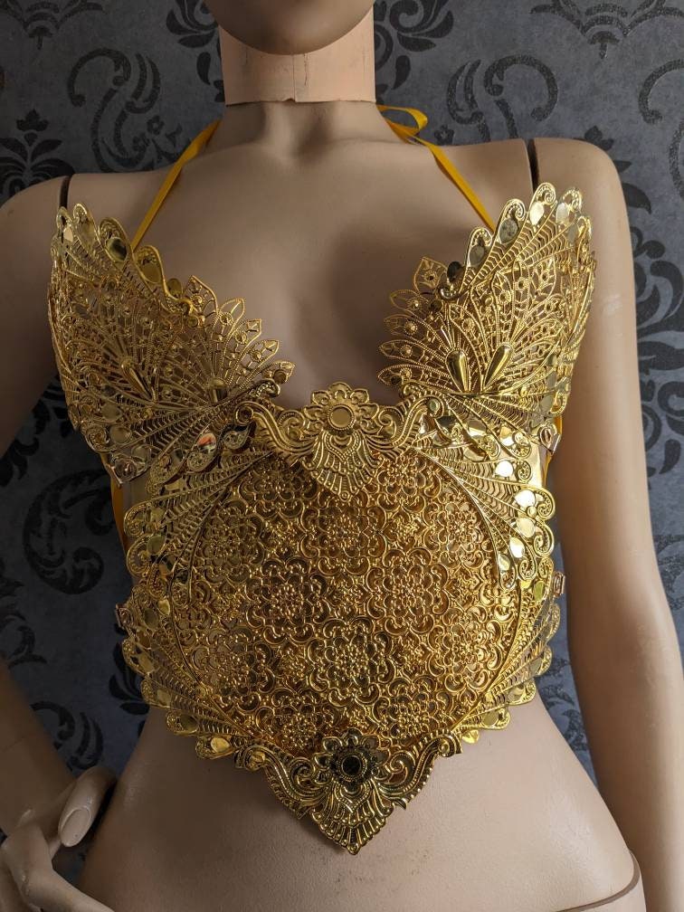 Corset Bustier Armure Guerrière d'Or – Dentelle Métal Doré Reine Elfe | Tokyo Stories