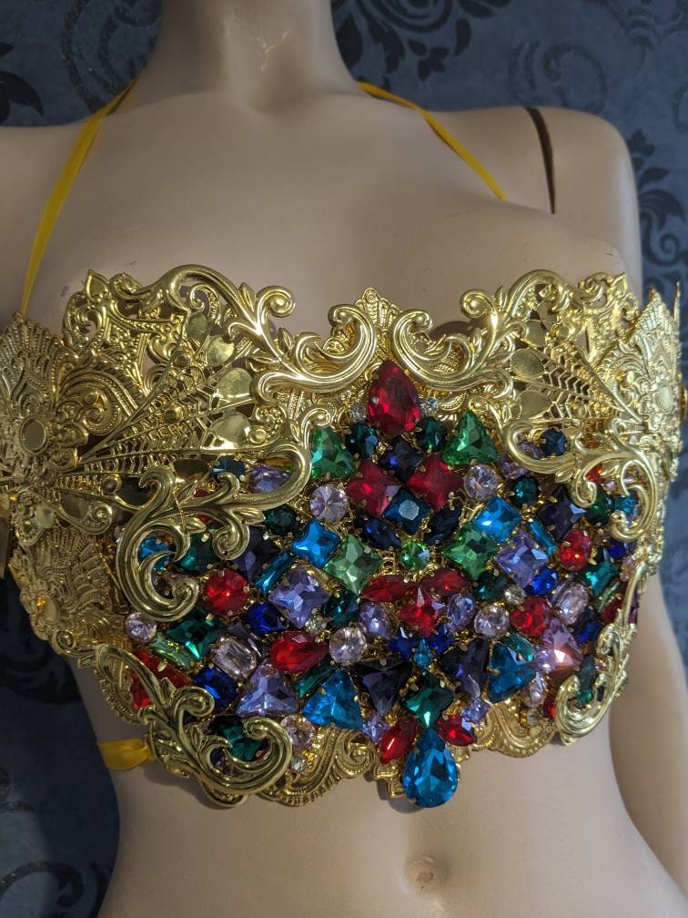 Bustier Armure Art Nouveau – Métal Doré & Strass Multicolores Pièce Unique | Tokyo Stories