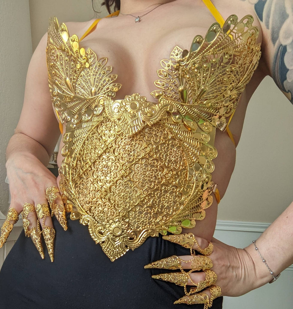Corset Bustier Armure Guerrière d'Or – Dentelle Métal Doré Reine Elfe | Tokyo Stories