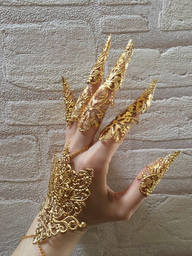 Parure Gant d'Or – 10 Griffes Articulées & 2 Bijoux de Mains Métal Doré | Tokyo Stories