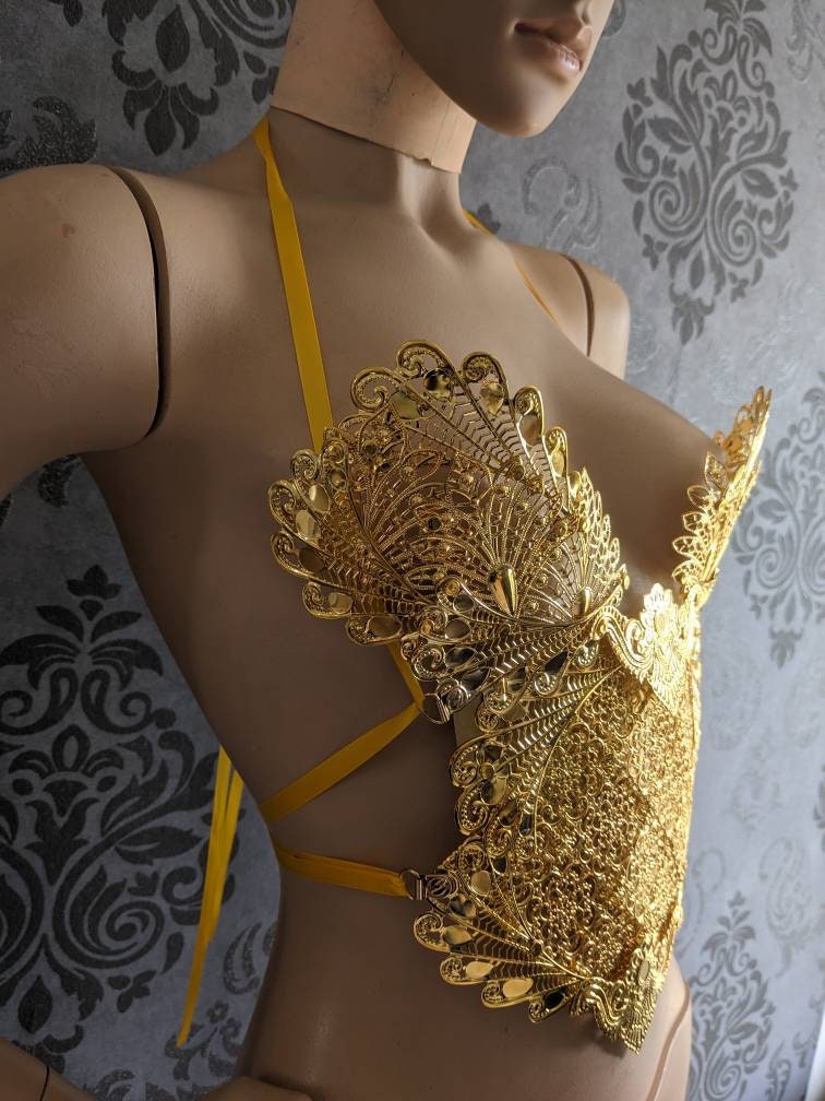 Corset Bustier Armure Guerrière d'Or – Dentelle Métal Doré Reine Elfe | Tokyo Stories