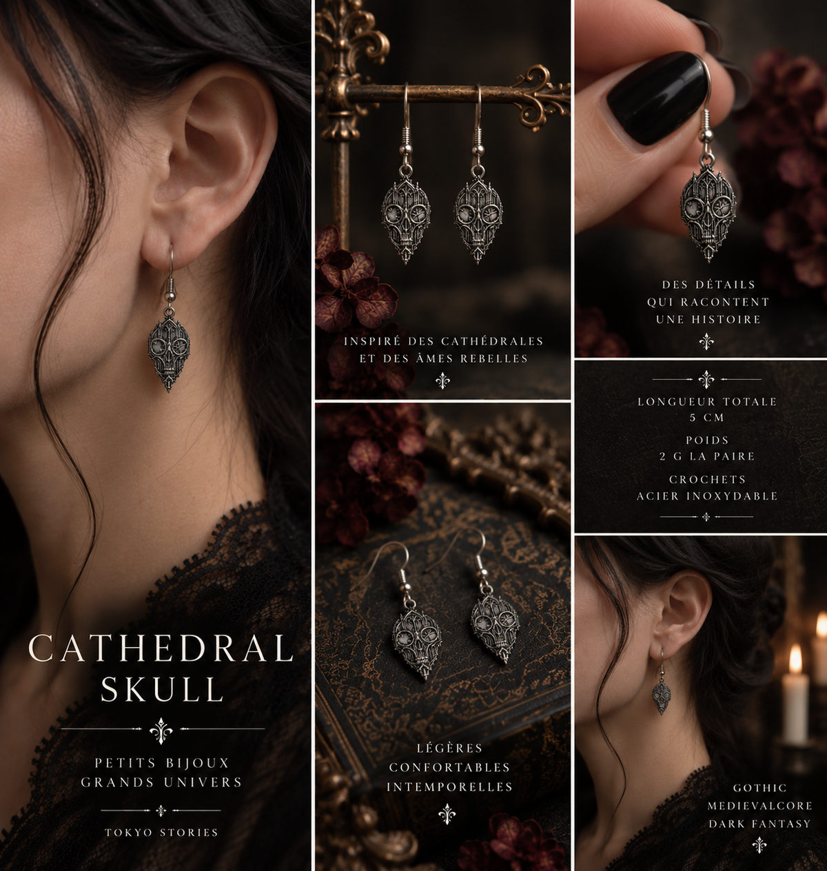 Boucles d’Oreilles Gothiques Cathedral Skull – Crâne, Cathédrale, Medievalcore & Dark Fantasy
